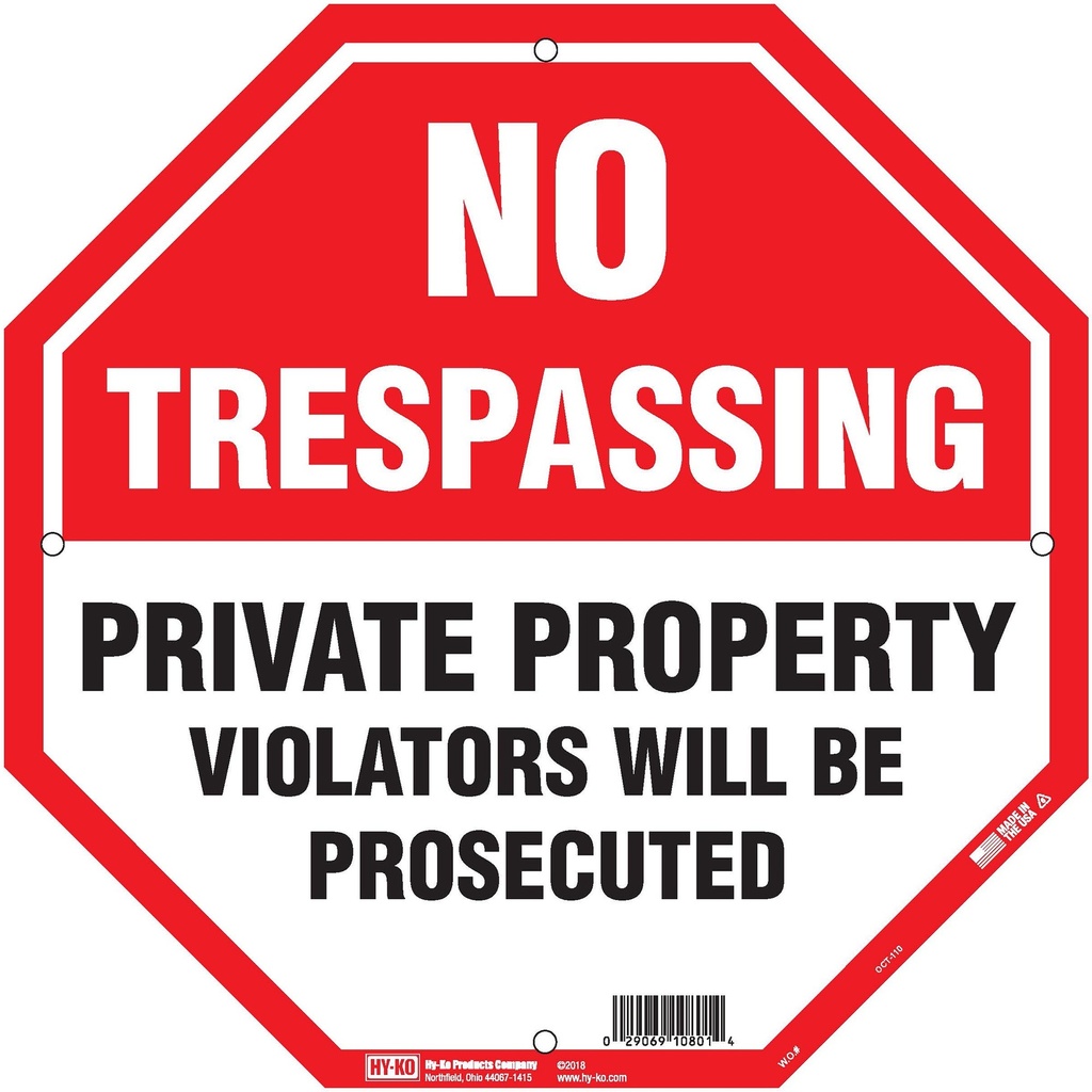 [MFA10801] NO TRESPASSING RD OCTG 12X12